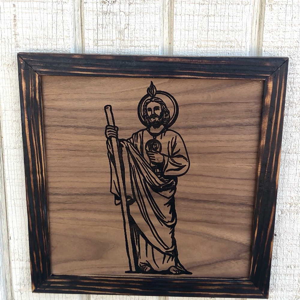 Handcrafted Wooden Religious Art Rustic Frame w Saint Jude-San Judas